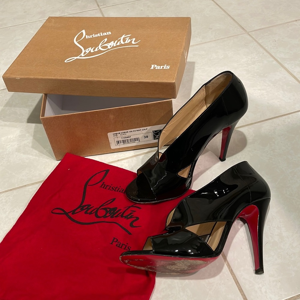 Authentic Christian Louboutin Black Patent Open Toe Heels